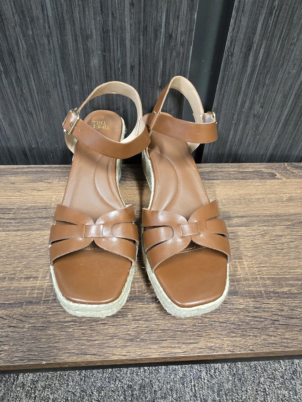Time and Tru Women's Cognac Espadrille Wedge Sandals Ankle Strap Size 9